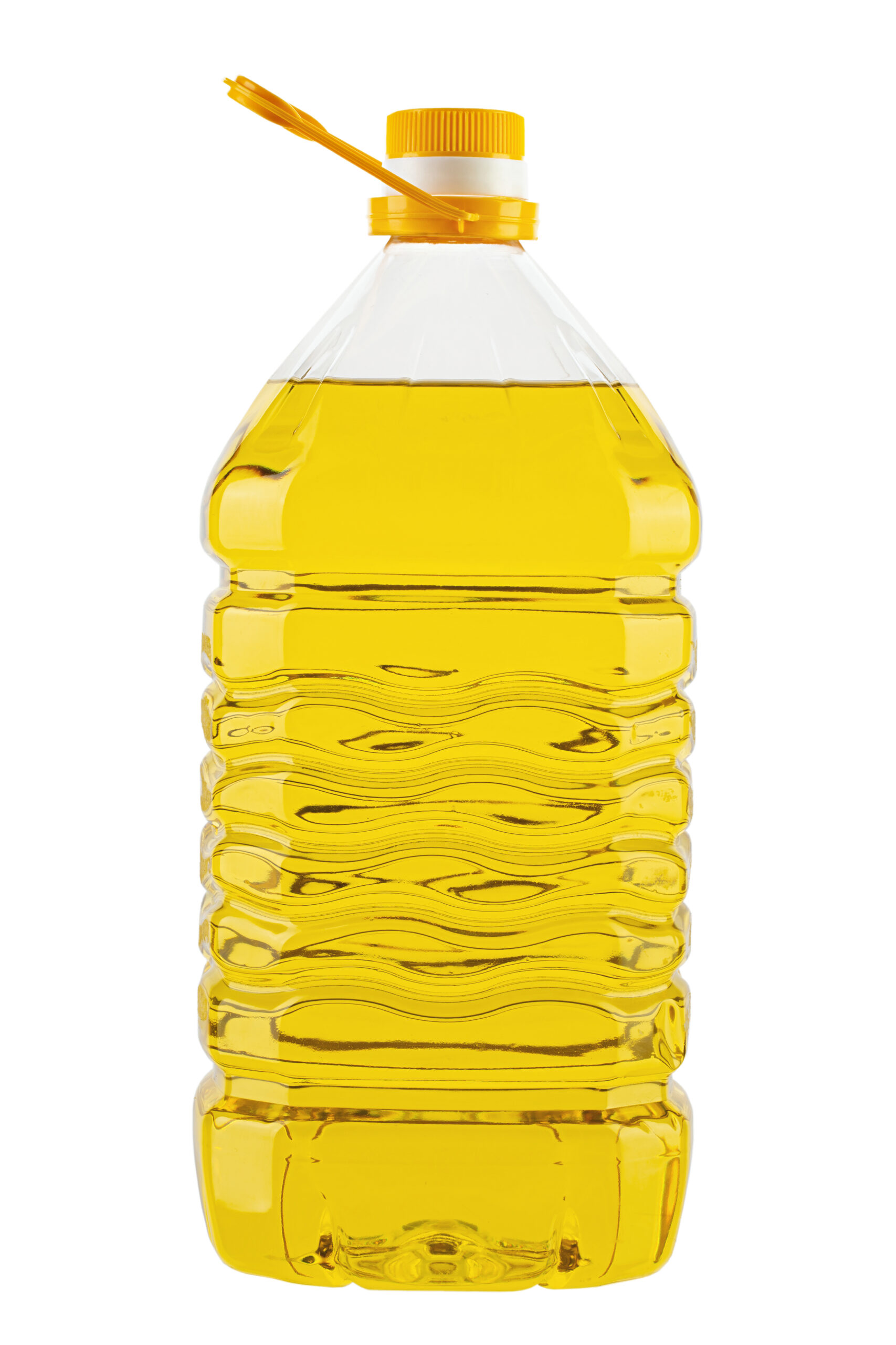 Large bottle of sunflower oil with a handle isolated on white background. File contains clipping path.